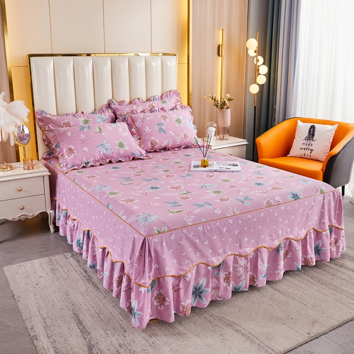 91家纺网 家纺一手货源 找家纺 十个点 2021新款弯边床裙 绚放韵语-豆沙