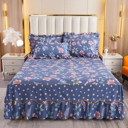 91家纺网 家纺一手货源 找家纺 十个点 2021新款弯边床裙 绚放韵语-蓝