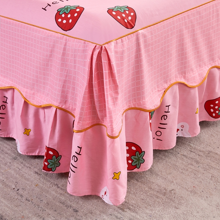 91家纺网 家纺一手货源 找家纺 十个点 2021新款弯边床裙四件套 草莓果儿-粉