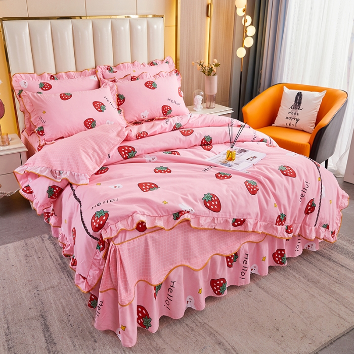 91家纺网 家纺一手货源 找家纺 十个点 2021新款弯边床裙四件套 草莓果儿-粉