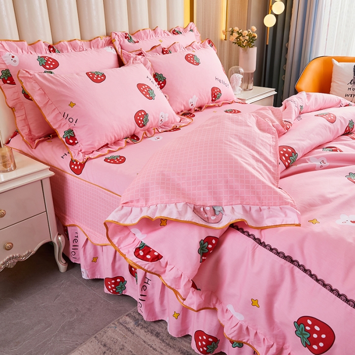 91家纺网 家纺一手货源 找家纺 十个点 2021新款弯边床裙四件套 草莓果儿-粉