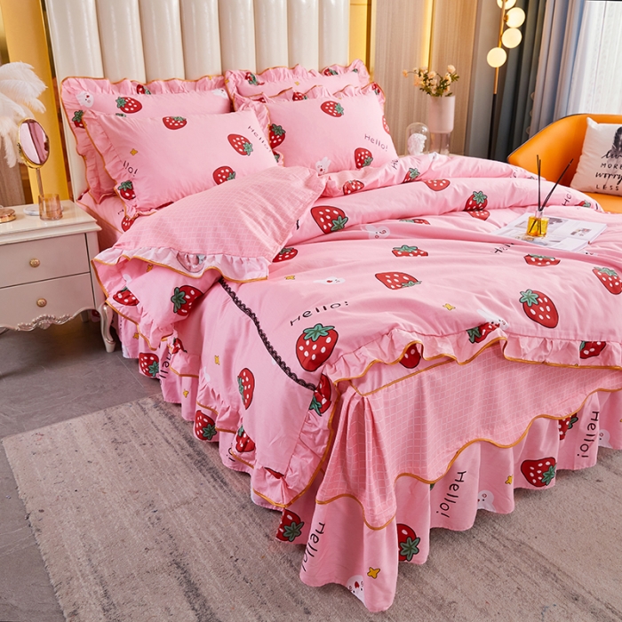 91家纺网 家纺一手货源 找家纺 十个点 2021新款弯边床裙四件套 草莓果儿-粉