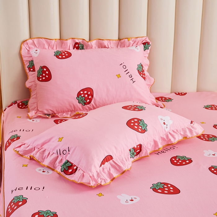 91家纺网 家纺一手货源 找家纺 十个点 2021新款弯边床裙四件套 草莓果儿-粉