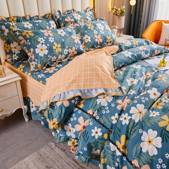 91家纺网 家纺一手货源 找家纺 十个点 2021新款弯边床裙四件套 花园假期-绿