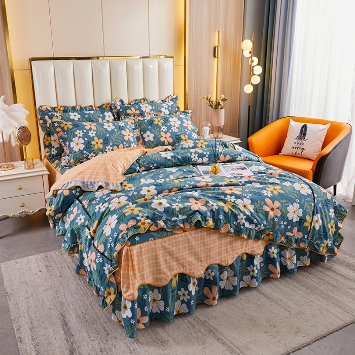 91家纺网 家纺一手货源 找家纺 十个点 2021新款弯边床裙四件套 花园假期-绿