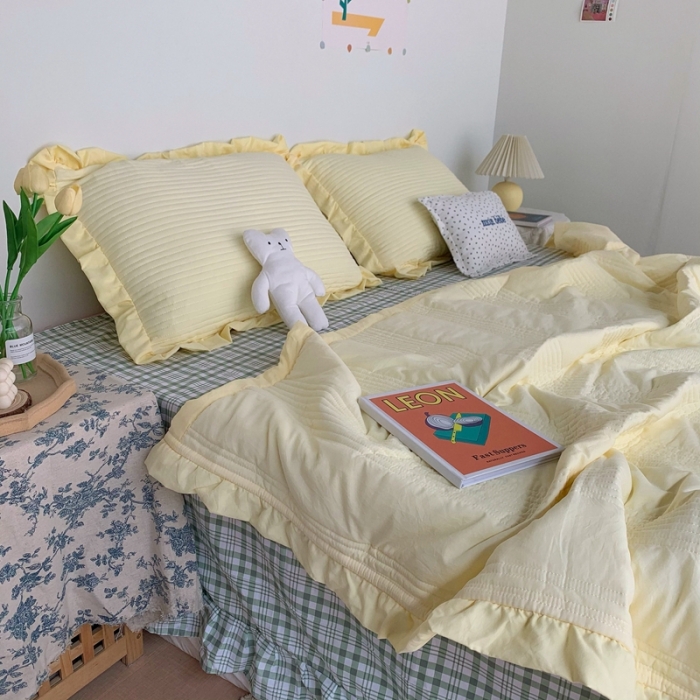 91家纺网 家纺一手货源 找家纺 六巷胡同ins格子混搭雪纺纱夏被四件套 奶黄混搭韩国小绿格