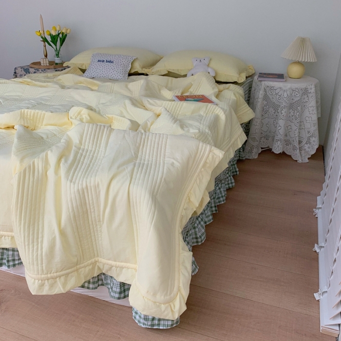 91家纺网 家纺一手货源 找家纺 六巷胡同ins格子混搭雪纺纱夏被四件套 奶黄混搭韩国小绿格