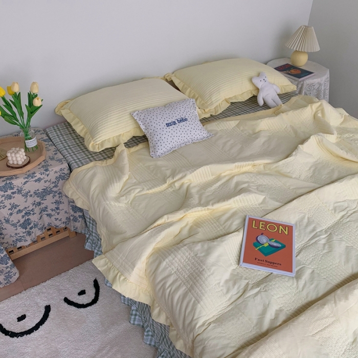 91家纺网 家纺一手货源 找家纺 六巷胡同ins格子混搭雪纺纱夏被四件套 奶黄混搭韩国小绿格