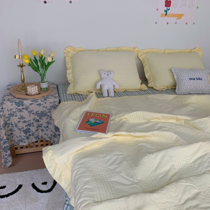 91家纺网 家纺一手货源 找家纺 六巷胡同ins格子混搭雪纺纱夏被四件套 奶黄混搭韩国小绿格