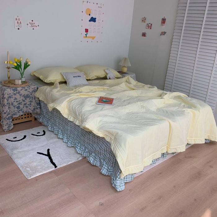 91家纺网 家纺一手货源 找家纺 六巷胡同ins格子混搭雪纺纱夏被四件套 奶黄混搭韩国小绿格