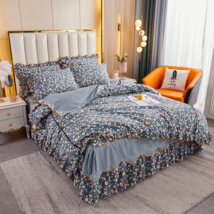 91家纺网 家纺一手货源 找家纺 十个点 2021新款弯边床裙四件套 轻舞含香-蓝