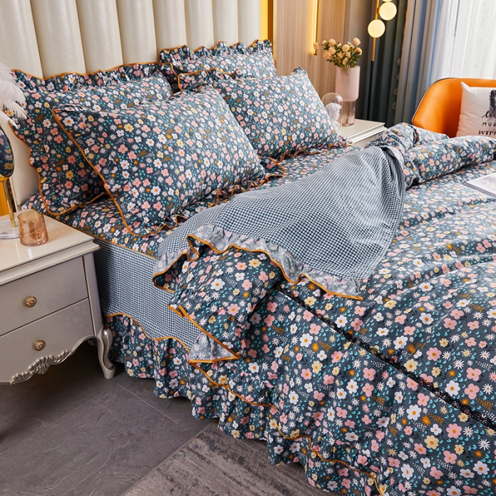 91家纺网 家纺一手货源 找家纺 十个点 2021新款弯边床裙四件套 轻舞含香-蓝