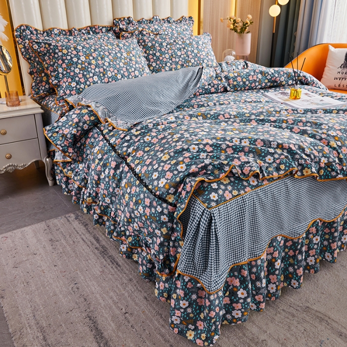 91家纺网 家纺一手货源 找家纺 十个点 2021新款弯边床裙四件套 轻舞含香-蓝