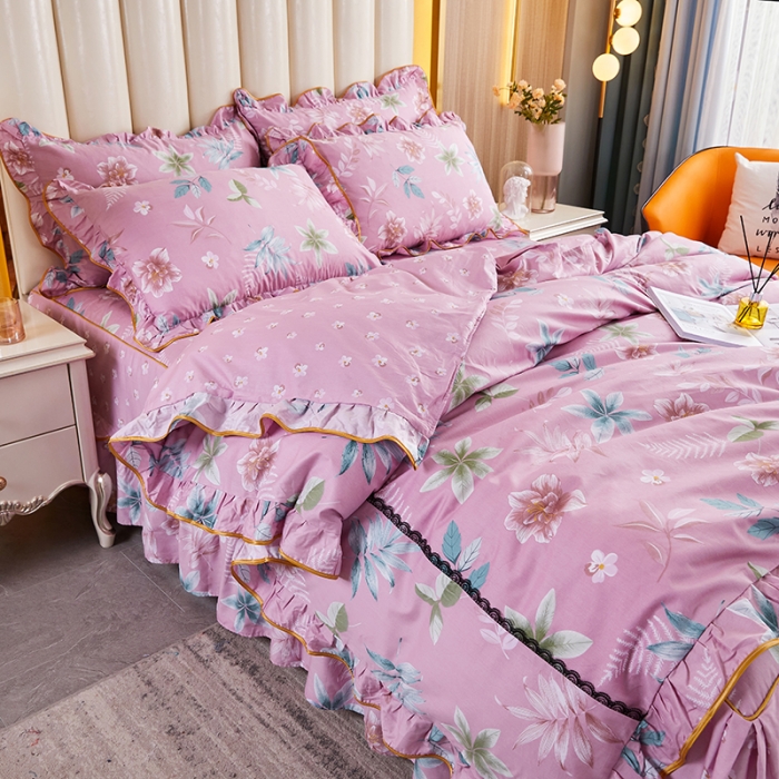 91家纺网 家纺一手货源 找家纺 十个点 2021新款弯边床裙四件套 绚放韵语-豆沙