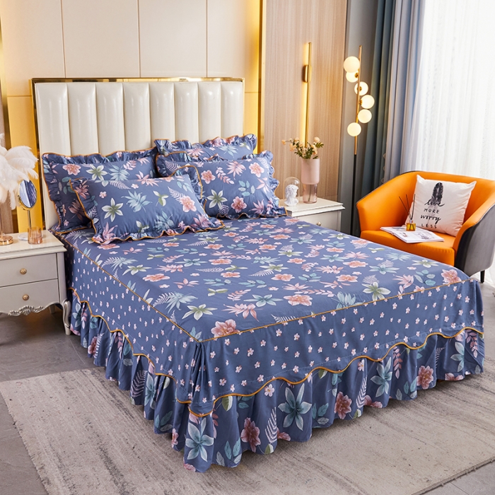 91家纺网 家纺一手货源 找家纺 十个点 2021新款弯边床裙四件套 绚放韵语-蓝