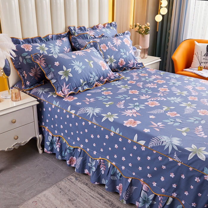 91家纺网 家纺一手货源 找家纺 十个点 2021新款弯边床裙四件套 绚放韵语-蓝