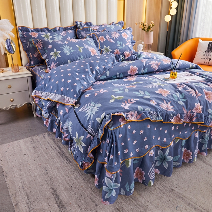 91家纺网 家纺一手货源 找家纺 十个点 2021新款弯边床裙四件套 绚放韵语-蓝