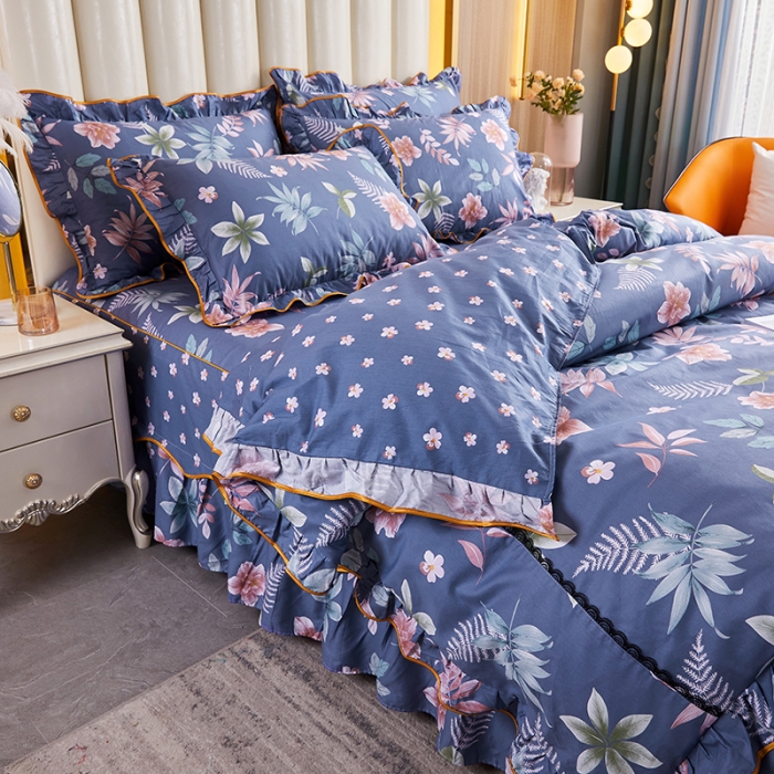 91家纺网 家纺一手货源 找家纺 十个点 2021新款弯边床裙四件套 绚放韵语-蓝