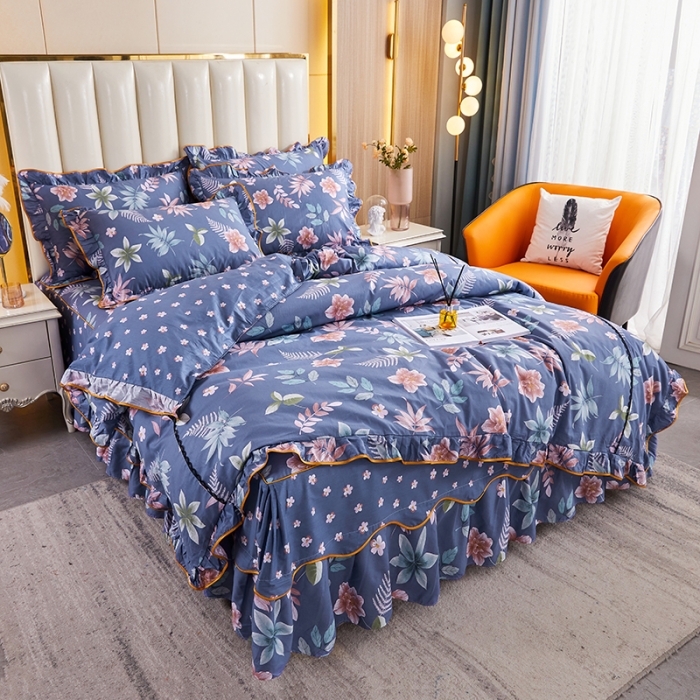 91家纺网 家纺一手货源 找家纺 十个点 2021新款弯边床裙四件套 绚放韵语-蓝