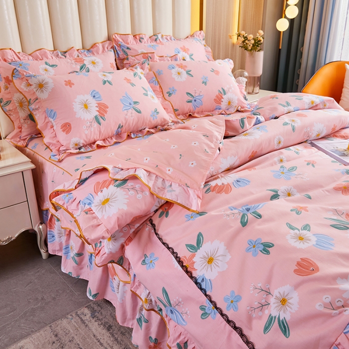 91家纺网 家纺一手货源 找家纺 十个点 2021新款弯边床裙四件套 玉香妃-粉