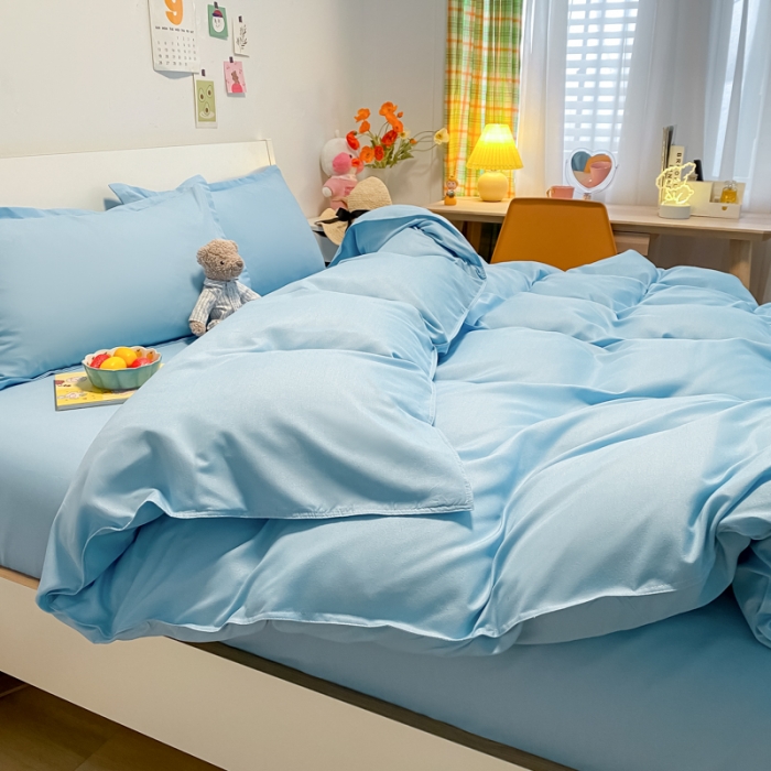 91家纺网 家纺一手货源 找家纺 贝拉梦2021新款美棉纯色系列四件套-艾加蓝