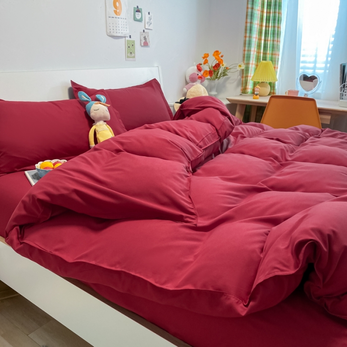 91家纺网 家纺一手货源 找家纺 贝拉梦2021新款美棉纯色系列四件套-绯月红