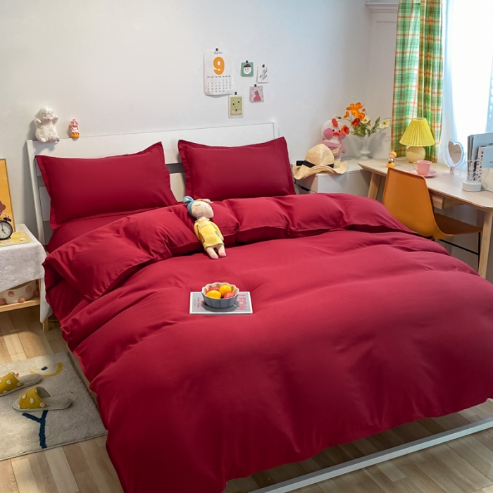 91家纺网 家纺一手货源 找家纺 贝拉梦2021新款美棉纯色系列四件套-绯月红