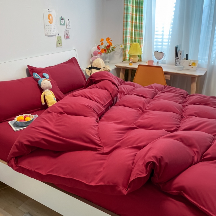 91家纺网 家纺一手货源 找家纺 贝拉梦2021新款美棉纯色系列四件套-绯月红
