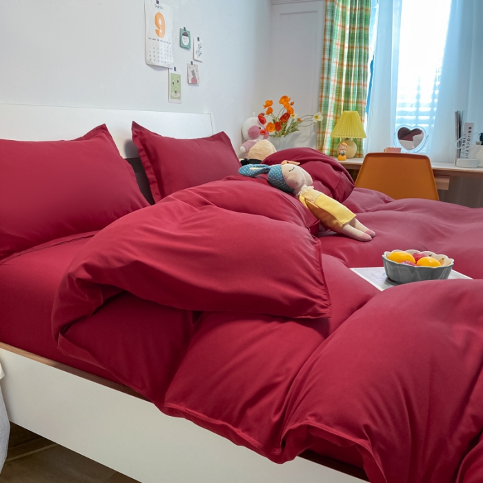 91家纺网 家纺一手货源 找家纺 贝拉梦2021新款美棉纯色系列四件套-绯月红