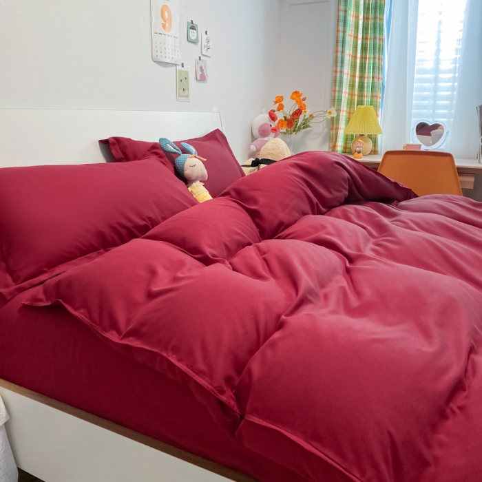 91家纺网 家纺一手货源 找家纺 贝拉梦2021新款美棉纯色系列四件套-绯月红