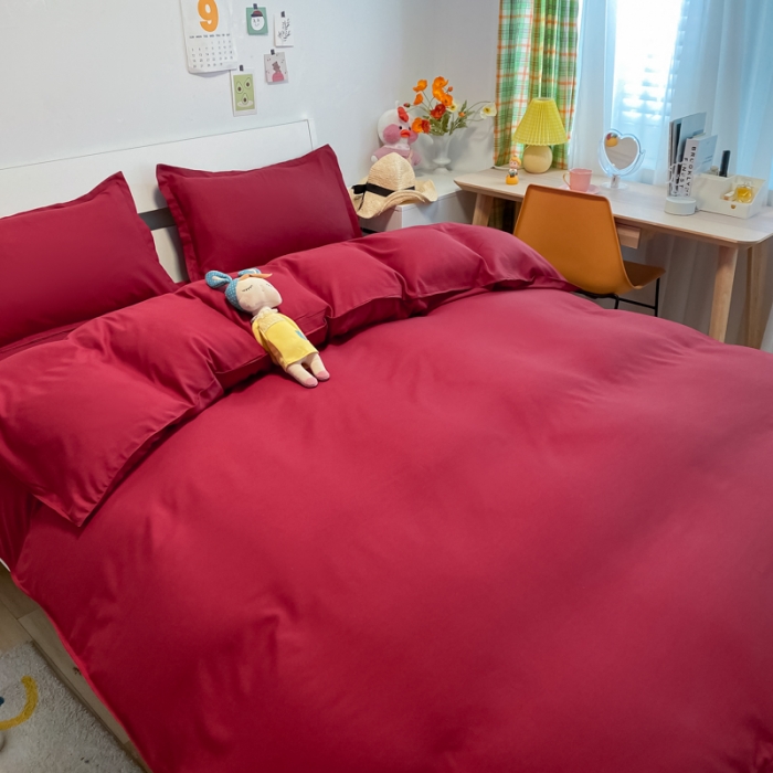 91家纺网 家纺一手货源 找家纺 贝拉梦2021新款美棉纯色系列四件套-绯月红