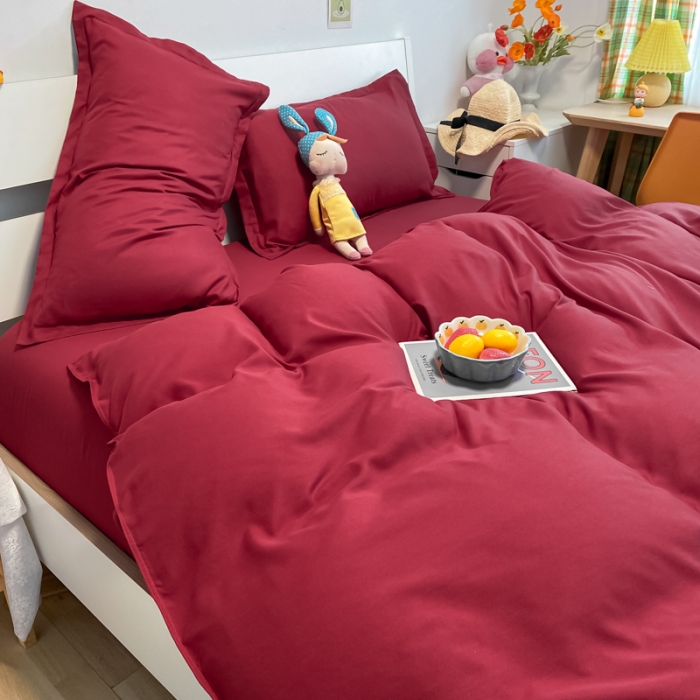 91家纺网 家纺一手货源 找家纺 贝拉梦2021新款美棉纯色系列四件套-绯月红