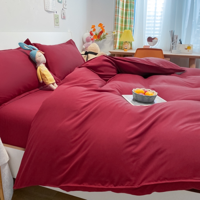 91家纺网 家纺一手货源 找家纺 贝拉梦2021新款美棉纯色系列四件套-绯月红