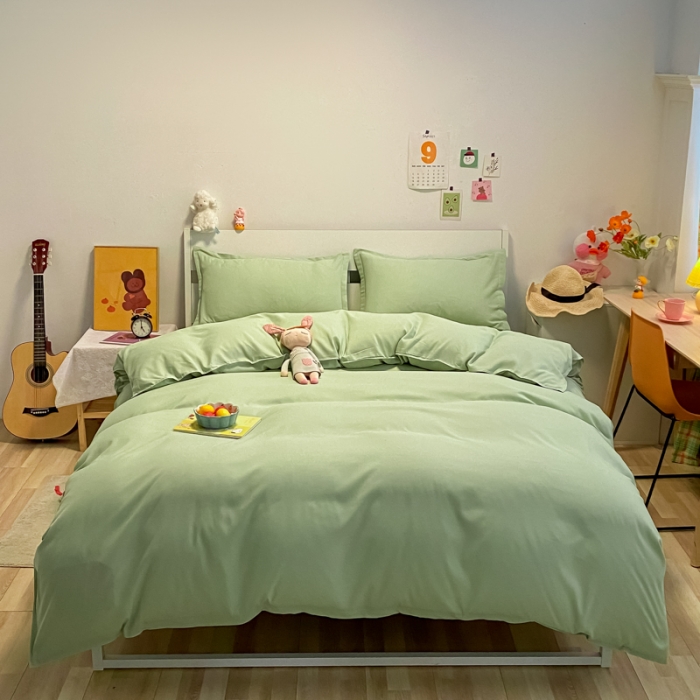 91家纺网 家纺一手货源 找家纺 贝拉梦2021新款美棉纯色系列四件套-格林绿