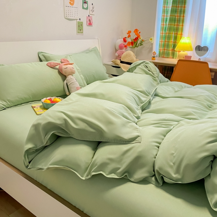 91家纺网 家纺一手货源 找家纺 贝拉梦2021新款美棉纯色系列四件套-格林绿