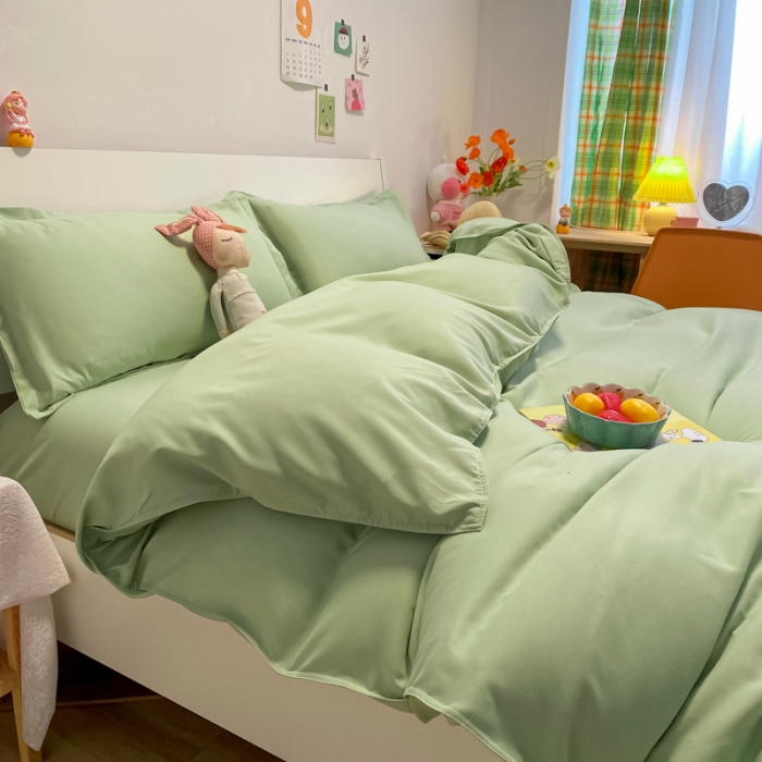 91家纺网 家纺一手货源 找家纺 贝拉梦2021新款美棉纯色系列四件套-格林绿