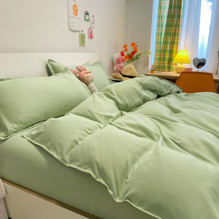 91家纺网 家纺一手货源 找家纺 贝拉梦2021新款美棉纯色系列四件套-格林绿