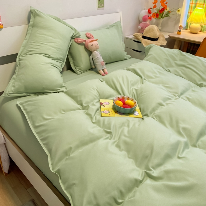 91家纺网 家纺一手货源 找家纺 贝拉梦2021新款美棉纯色系列四件套-格林绿