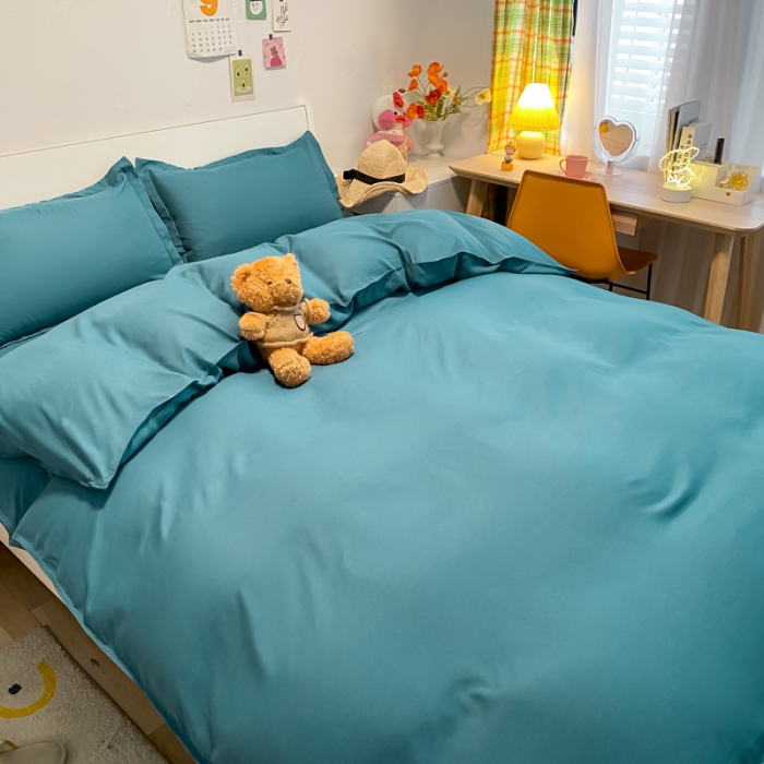 91家纺网 家纺一手货源 找家纺 贝拉梦2021新款美棉纯色系列四件套-加州蓝