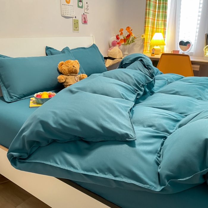 91家纺网 家纺一手货源 找家纺 贝拉梦2021新款美棉纯色系列四件套-加州蓝