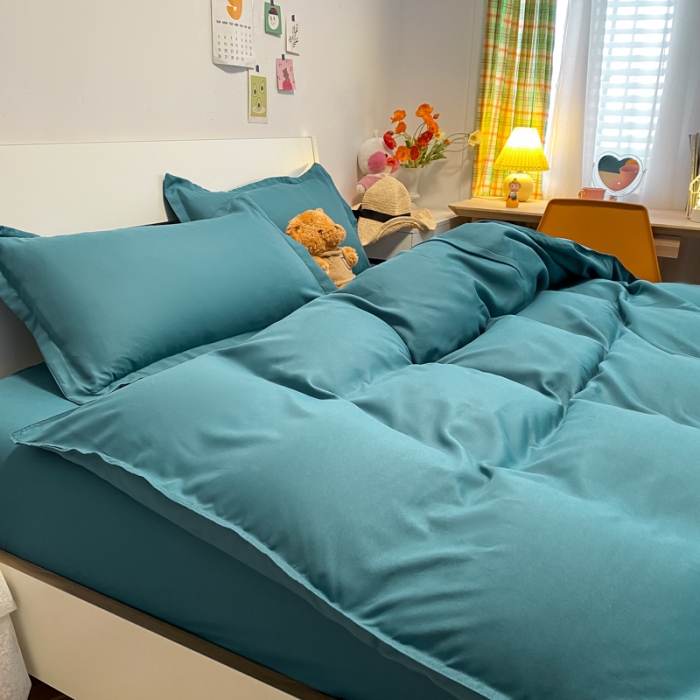 91家纺网 家纺一手货源 找家纺 贝拉梦2021新款美棉纯色系列四件套-加州蓝