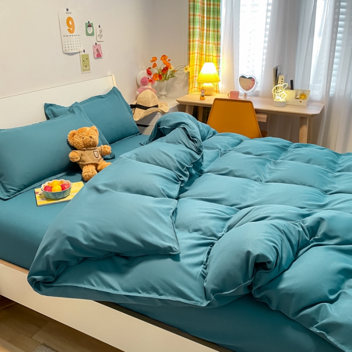 91家纺网 家纺一手货源 找家纺 贝拉梦2021新款美棉纯色系列四件套-加州蓝