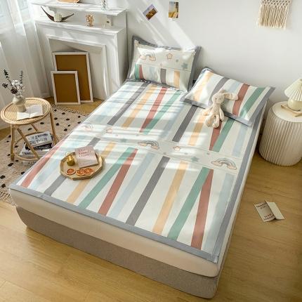 91家纺网 家纺一手货源 找家纺 懒猫 2021新款宽边圆网冰丝凉席三件套 彩虹条