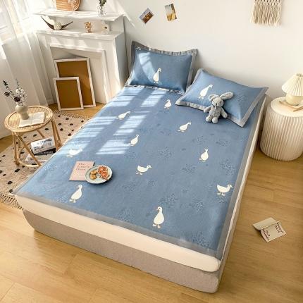 91家纺网 家纺一手货源 找家纺 懒猫 2021新款宽边圆网冰丝凉席三件套 开心鸭