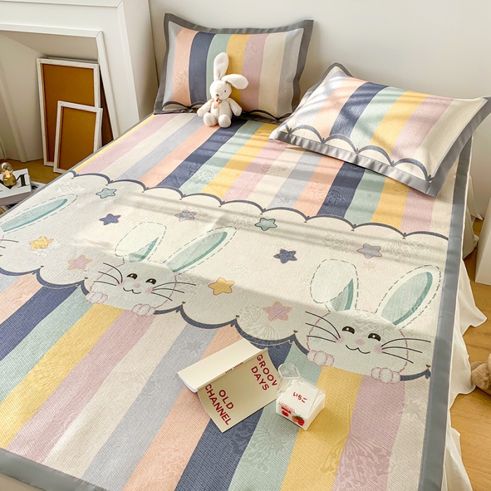 91家纺网 家纺一手货源 找家纺 懒猫 2021新款宽边圆网冰丝凉席三件套 兔小哈