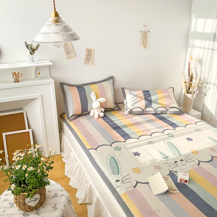 91家纺网 家纺一手货源 找家纺 懒猫 2021新款宽边圆网冰丝凉席三件套 兔小哈