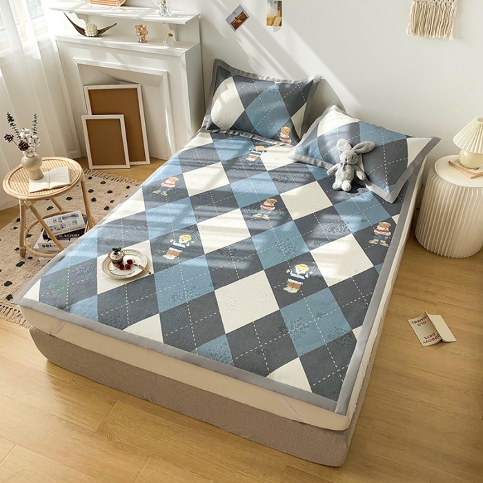 91家纺网 家纺一手货源 找家纺 懒猫 2021新款宽边圆网冰丝凉席三件套 幸迪