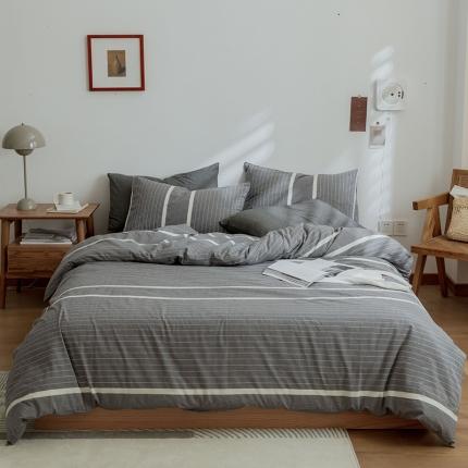 91家纺网 家纺一手货源 找家纺 北欧良品 2021新款A类色织水洗棉四件套 宽双线冷灰