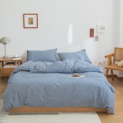 91家纺网 家纺一手货源 找家纺 北欧良品 2021新款A类色织水洗棉四件套 牛仔蓝细条