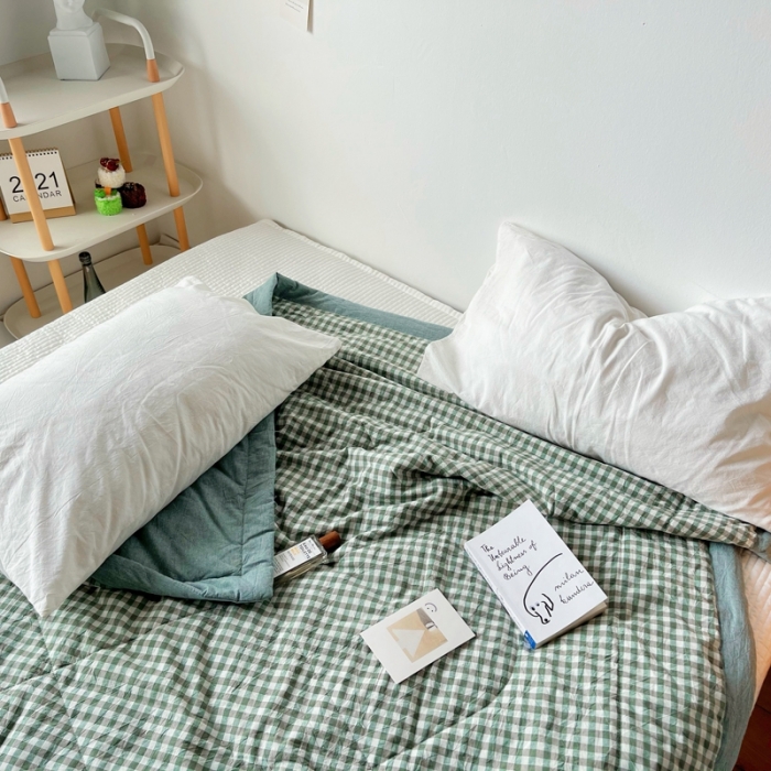 91家纺网 家纺一手货源 找家纺 尚品本色 2023新款水洗棉夏被 草绿小格